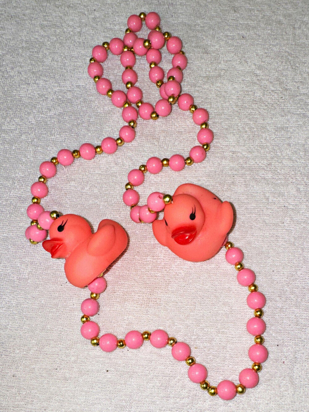 Pink Beaded Necklace Plastic Ball/Bead Chain Duck Charms Gold Spacer Beads